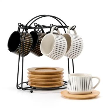 Imagem de LUKA Conjunto de xícaras de café expresso de cerâmica com pires com suporte de metal, xícaras de porcelana de 4 onças para café expresso, café com leite, café, café mocha, chá, conjunto de 6