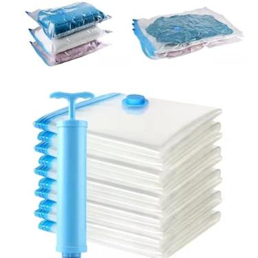 Imagem de Kit Com 5 Sacos a Vácuo + Bomba Manual Roupas Edredom Cobertor Organização Mala de Viagem e Guarda-Roupa Mais Espaço