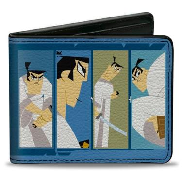 Imagem de Buckle-Down Carteira Samurai Jack, Bifold, Blocos de Pose Samurai Jack e Logotipo do Título Blues Branco, Couro Vegano, 4.0" x 3.5", Casual