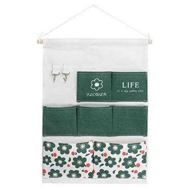 Imagem de KINGREE Bolsa de armazenamento suspensa com 7 bolsos e 2 pothook, organizador de porta de parede à prova d'água para armário de banheiro do quarto (flores verdes)