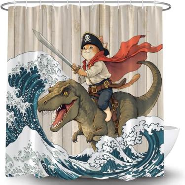Imagem de Cortina de chuveiro de dinossauro vintage oceano japonês grande onda engraçada gato montando dinossauro pirata náutico rústico madeira porta celeiro casa de fazenda conjunto de cortina decoração com