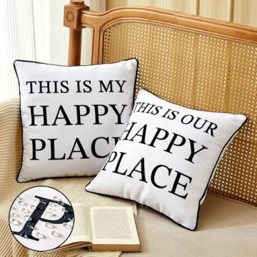 Imagem de JOJOGOGO Capas de almofadas pretas e brancas para ambientes externos, 45,7 x 45,7 cm, à prova d'água, conjunto de 2, This is My & Our Happy Place, almofadas para móveis de pátio, à prova d'água