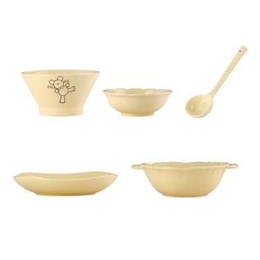 Imagem de Utensílios de mesa de cerâmica esmaltados de urso fofo de desenho animado, tigela de arroz para estudantes, prato de sabor, tigela de sopa de macarrão, colher - conjunto de 5 peças para uma pessoa -