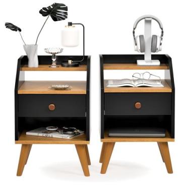 Imagem de Kit com 2 mesas de cabeceira com 1 Gaveta Nicho Prateleiras Mini Cômod
