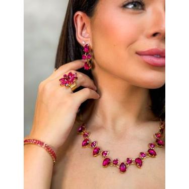 Imagem de Kit Brinco, Colar, Anel Regulável e Pulseira PINK Miriam - Mania de Mu