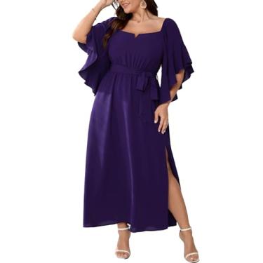 Imagem de SCOMCHIC Vestido longo feminino plus size para convidadas de casamento, gola quadrada, manga 3/4, com fenda, cinto e fenda, Roxa, 3G