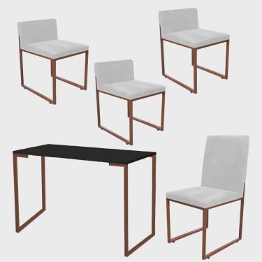 Imagem de Kit Mesa Escrivaninha com Cadeira Stan e 3 Poltronas Lee Tampo Preto Ferro Bronze Corino Branco - Ahz Móveis