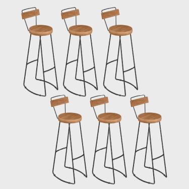 Imagem de Kit 06 Banqueta Alta Com Encosto Lena Industrial Bar Balcão Bistrô Ferro e Madeira Maçiça Peroba Rosa - Ahz Móveis