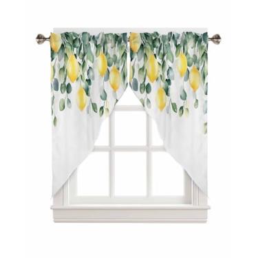 Imagem de Cortinas Swag, Folhas de Eucalipto de Frutas Limão Cortinas de Cozinha Camadas para Janela Pequena Quarto Banheiro Rod Pocket 2 Painéis, 71 cm x 91 cm Verão Primavera Amarelo Verde Sálvia