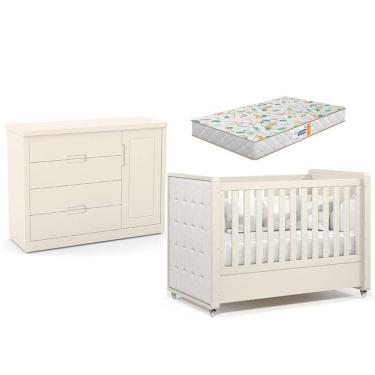 Imagem de Berço Americano com Capitonê New Boucle e Cômoda Infantil Tutto New Off White e Colchão Gazin - Matic