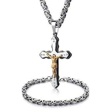 Imagem de WESTMIAJW Conjunto masculino de aço inoxidável prata ouro Jesus cruz pingente colar corrente pulseira conjunto joias 45/50/55/60/65/70/75 cm, Aço inoxidável