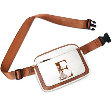 Imagem de CLOUDWINGS Bolsa transversal com inicial, pochete feminina de couro PU, bolsa pequena, bolsa cruzada, presentes de aniversário de Natal para mulheres, amigas, mãe, avó, Bege e marrom, E