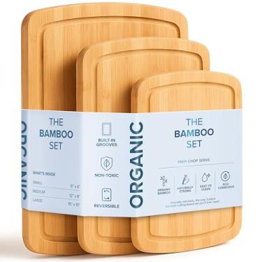 Imagem de Tábuas de corte de madeira para balcão de cozinha – Conjunto de tábua de corte de bambu com alças adesivas (pacote com 3), tábuas de cortar de madeira grossas antiderrapantes para carne, queijo