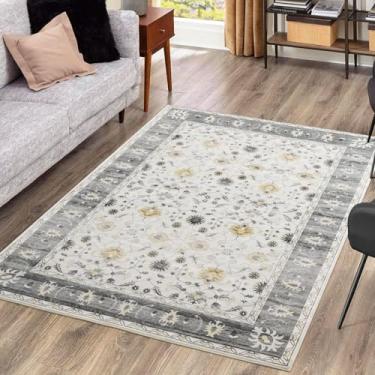 Imagem de Asrug Tapete de área lavável 3x5 vintage boho tapete floral envelhecido oriental antiderrapante persa tapete de cobertura de chão para quarto sala de estar sala de jantar berçário, cinza