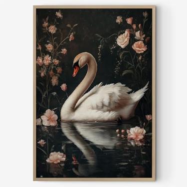 Imagem de Arte de parede em tela de cisne negro, estampas de animais mal-humorados, pintura do lago dos cisnes, vintage, arte de parede, arte sombria, academia, imagens de animais góticos, pôster de flores rosa