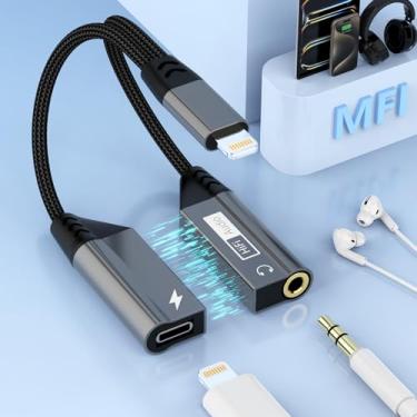 Imagem de Lightning magnético 2 em 1 para conector de áudio de 3,5 mm e adaptador de cabo de carregamento para iPhone, 【Certificado Apple MFi】Conversor divisor de fone de ouvido suporta música + carregamento +