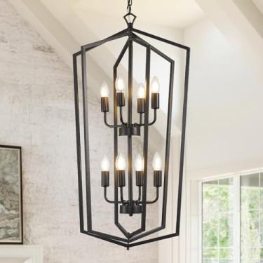 Imagem de WJShome Lustre Preto, Luminárias Pendentes Em Camadas Com 8 Lâmpadas, Luminárias Modernas Para Hall De Entrada De Fazenda, Lustres Grandes Para Tetos Altos, Luminárias Pendentes Para Hall De Entrada