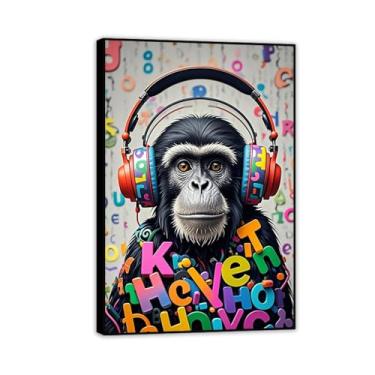 Imagem de Banksy Impressão de arte de parede macaco fone de ouvido arte de parede macaco pôster de tela animal para sala de estar escritório decoração de parede emoldurada pronta para pendurar decoração de