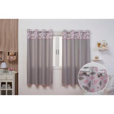 Imagem de Cortina Infantil Kids Estampada 2,00m x 1,80m com Barrado Duas Folhas Promoção (NUVEM CINZA E ROSA)