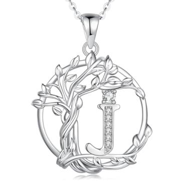 Imagem de FANCIME Presentes de dia das mães, árvore da vida, colares com inicial para mulheres, joia de árvore de prata esterlina, pingente de letra de diamante simulado, zircônia cúbica, zircônia cúbica,
