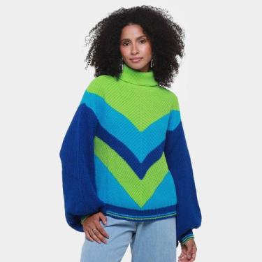 Imagem de Blusa Tricô Colcci Gola Alta Feminina, Azul, Verde, M