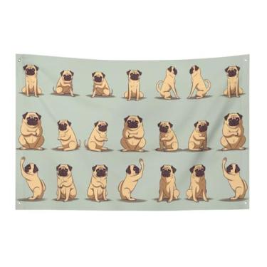 Imagem de Bandeira com quatro furos bandeiras para todos os climas Yoga Pug impresso banner decorativo bandeiras de poliéster adequadas para uso interno e externo 89 x 159 centímetros