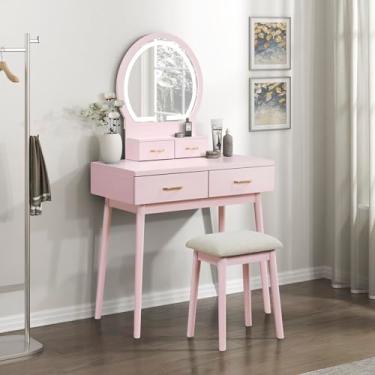 Imagem de Lexicon Mesa de penteadeira moderna com espelho, luzes LED, 3 modos de iluminação, conjunto de mesa de maquiagem pequeno com 4 gavetas e banco acolchoado, iluminação ajustável para quarto, rosa