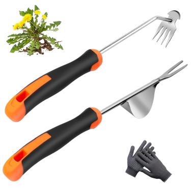 Imagem de ANGKMA Ferramenta extrator de ervas daninhas, nova ferramenta de remoção de ervas daninhas de aço inoxidável, 4 dentes, ferramenta de remoção de ervas daninhas de dupla finalidade para jardinagem