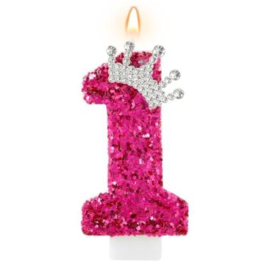 Imagem de AKURIEEY Velas de aniversário rosa choque coroa número 1, decoração de festa de 1º aniversário, enfeite de bolo, decoração de cupcake para artigos de comemorações de aniversário