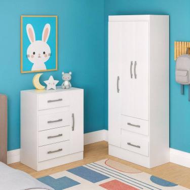 Imagem de Quarto Infantil com Cômoda 4 Gavetas e 1 porta Guarda-Roupa 3 Portas e 2 Gavetas Ninho Branco
