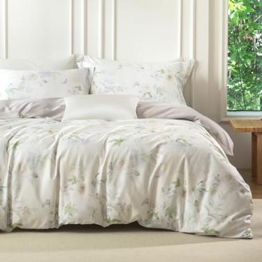 Imagem de MILDLY Conjunto de capa de edredom tamanho casal 100% algodão de fibra longa luxo branco floral patten reversível conjunto de capa de edredom 3 peças