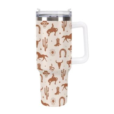 Imagem de Qwalnely Copo Western Tumbler 1,134 g com alça flip canudo, copo reutilizável isolado copo de aço inoxidável, presentes ocidentais para mulheres e homens