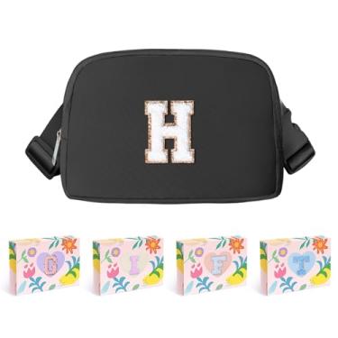 Imagem de COSHAYSOO Pochete de cintura pequena para cinto com patch de letra inicial alça ajustável para mulheres homens adolescentes menina menino corrida viagem academia caminhada, mini bolsa de viagem transversal moderna bolsa preppy bolsa preta, H, Preppy