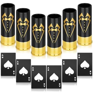 Imagem de Conjunto de 12 peças de presentes de padrinhos, 6 peças de copos de dose de calibre de smoking com 6 abridores de garrafas de vinho tamanho cartão para casamento despedida de solteiro lembrancinhas de