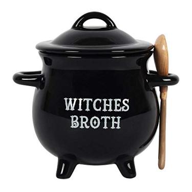 Imagem de Ebros cerâmica Wicca Hocus Pocus Witch Black Caldeirão Magical Witches Caldo de molho ou condimento Tigela ou como caneca grande 510 g com colher de vassoura Conjunto de utensílios de servir para festa de Halloween