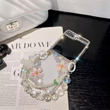 Imagem de Szakdws Capa brilhante para Moto Razr+/Plus 2025 com corrente, linda capa com glitter, flor, pérola, diamante, cristal, strass, 3D, feita à mão, com pulseira e chaveiro (branco)