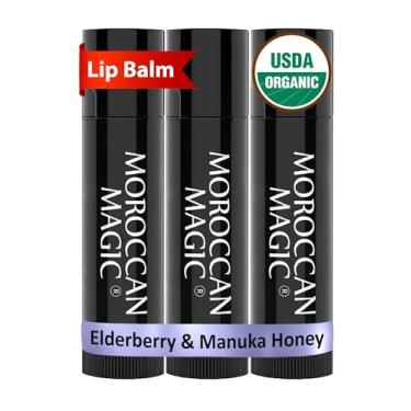 Imagem de Moroccan Magic Bálsamo labial orgânico de sabugueiro e mel Manuka, pacote com 3 | Hidratante labial ultra hidratante com óleo de argan + vitamina E | Batom natural para lábios secos | suave, não