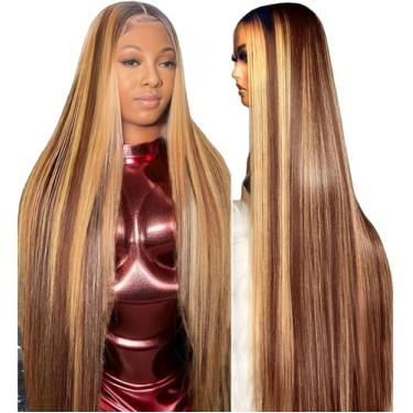 Imagem de Peruca frontal ombré com destaque de 76 cm - cabelo humano, densidade de 180%, renda transparente 33 x 10 HD, loiro mel, liso