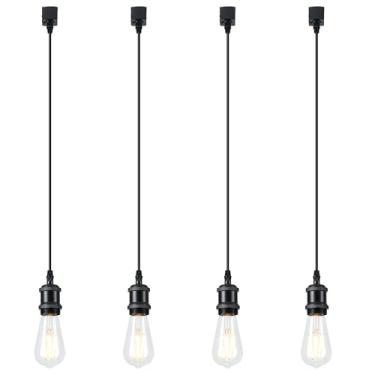 Imagem de Iluminação de pista tipo H vintage cabeça para E26 cabeças de direção ajustável luminária de trilho LED regulável para cozinha, estilo retrô vintage, pacote com 4 lâmpadas pretas, lâmpadas não