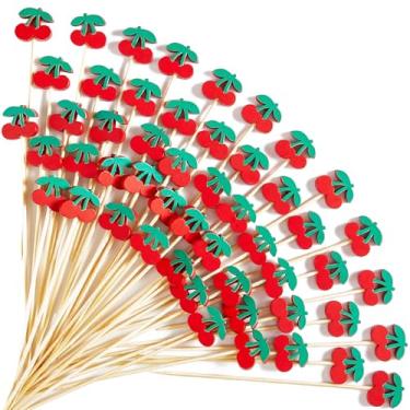 Imagem de 100 palitos de coquetel de cereja vermelha 12 cm bambu palitos de comida sanduíche aperitivo espetos de charcutaria feitos à mão para aniversário, casamento, dia dos namorados, decoração de festa