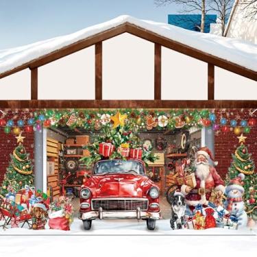 Imagem de 2,1 x 4,9 m decoração de bandeira de porta de garagem de Natal Papai Noel com caminhão vermelho capa de porta de garagem de Natal para garagem de 2 carros grande Natal boneco de neve cachorro garagem