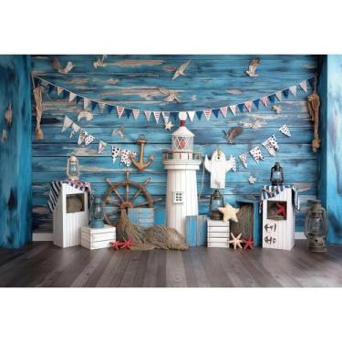 Imagem de YongFoto Tema de aventura náutica, pano de fundo, 1,5 x 0,9 m, convés azul, faróis, barco leme, rede de pesca, gaivota, fundo fotográfico, chá de bebê, menino, festa de aniversário, bandeira, retratos
