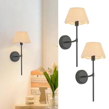 Imagem de Haolaike Arandelas de parede de vime conjunto de duas luminárias de parede pretas tecidas à mão com fio rústico boho interior quarto montagem na parede luminárias