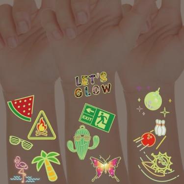 Imagem de Artigos de festa que brilham no escuro, 56 peças de tatuagens temporárias que brilham no escuro – decorações de festa neon, lembrancinhas para crianças, adolescentes | Piscina de verão, lembrancinhas