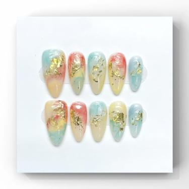 Imagem de Wsliana Unhas feitas à mão – formato de amêndoa com cor ombré e glitter dourado, 10 peças de cola em unhas postiças de acrílico com caixa de armazenamento | Kit de unhas elegante e duradouro (058, P)