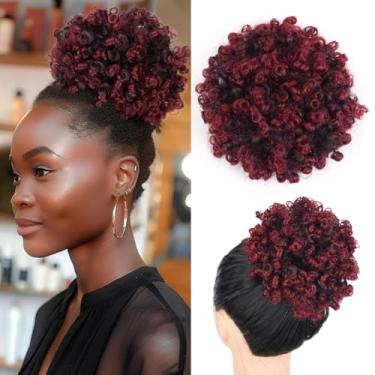 Imagem de ZIRANJUAN Extensões de cabelo afro bufante Ombre Borgonha Onda Solta Kinky Curly Cordão Rabo de Cavalo Mini Afro Puff Peruca para Mulheres Negras (1B Bug)