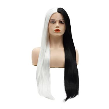 Imagem de LUSHY BEAUTY Peruca de cabelo sintético frontal reta longa 61 cm metade branca metade preta mistura densidade pesada resistente ao calor peruca realista