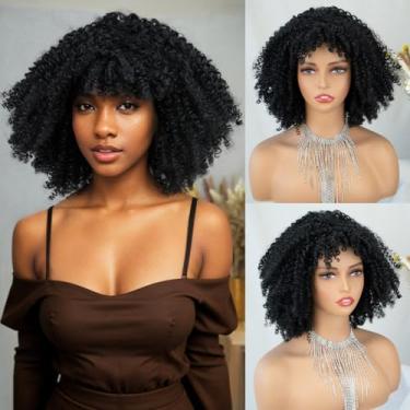 Imagem de MISS FANCY Perucas afro-encaracoladas com franja para mulheres negras 25,4 cm, preta, curta, encaracolada, sem cola, sintética afro saltitante, perucas completas para festas diárias