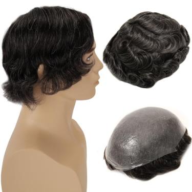 Imagem de BEEOS Toupee de pele fina de 0,08 mm para homens, 20 x 25 cm, base de poliuretano, durável, peça de cabelo masculina, laço em V, sem nós, peruca masculina natural #1B20, preto natural com 20% cinza