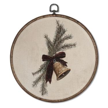 Imagem de Giosve Pôster emoldurado vintage rústico de Natal em tela redonda, fita vermelha com laço de sino neutro, para decoração de casa, quarto, sala de estar, 25 x 25 cm